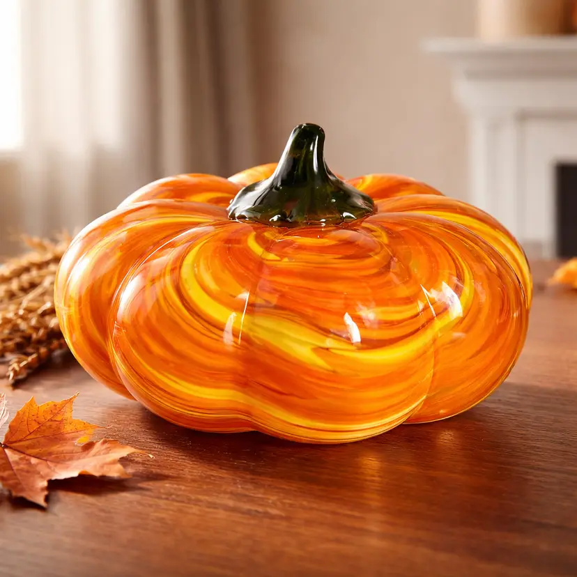 Orange and Yellow Swirl Design Glass Pumpkin Paperweight, 4.25" Diameter