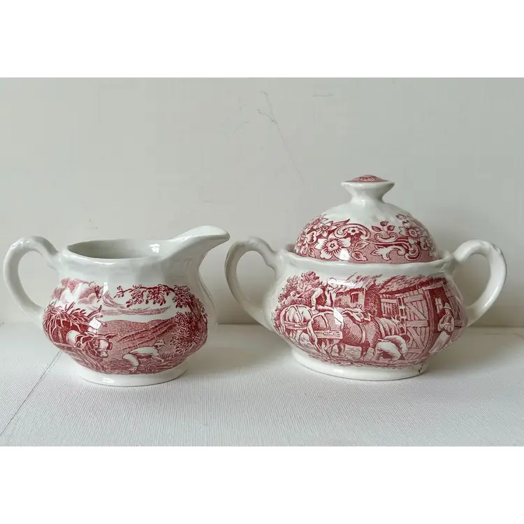 Royal Tudor Ware Sugar & Creamer Set 17th Century England, Red