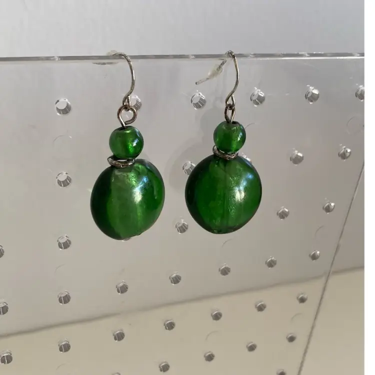 1990’s Kim Rogers Emerald Green Dichroic Beaded Earrings