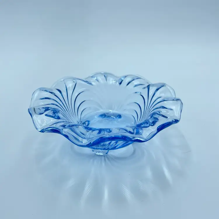 Vintage Moonlight Blue Cambridge Caprice Glass Small Round Ruffled Bowl Dish