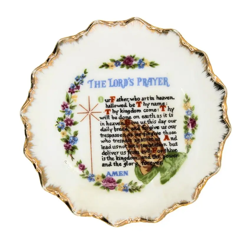 Vintage Japanese Porcelain Mini Plate with The Lord's Prayer Scalloped Gold Trim