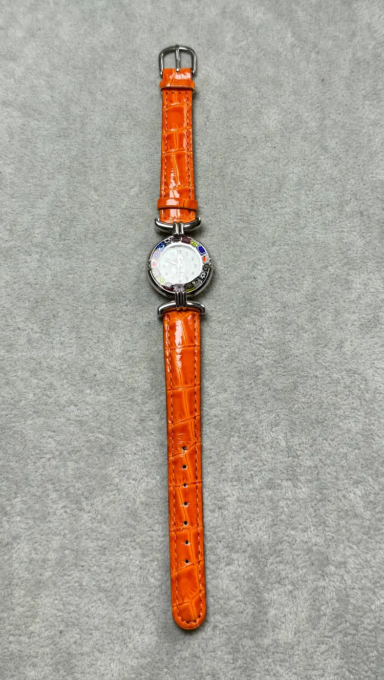Venice Brand Millefiori Floral Glass Silver Tone Orange Leather Band Watch