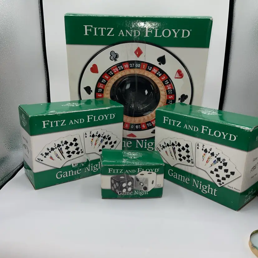 Fitz Floyd Game Night Chip N Dip, 4 Snack Plates Salt & Pepper Shakers New