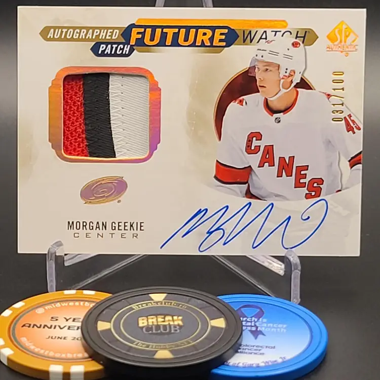 Morgan Geekie FWPA 2020-21 Upper Deck SP Authentic Hockey Future Watch Limited Auto Material Insert Numbered 31/100 Card #FWAP-MG - Carolina Hurricanes