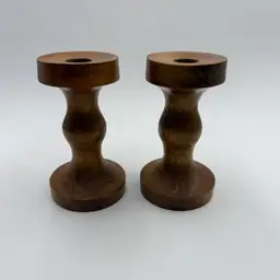 Vintage Pair Hand Turned Wood Taler Candlestick Holders MCM Rustic Farmhouse