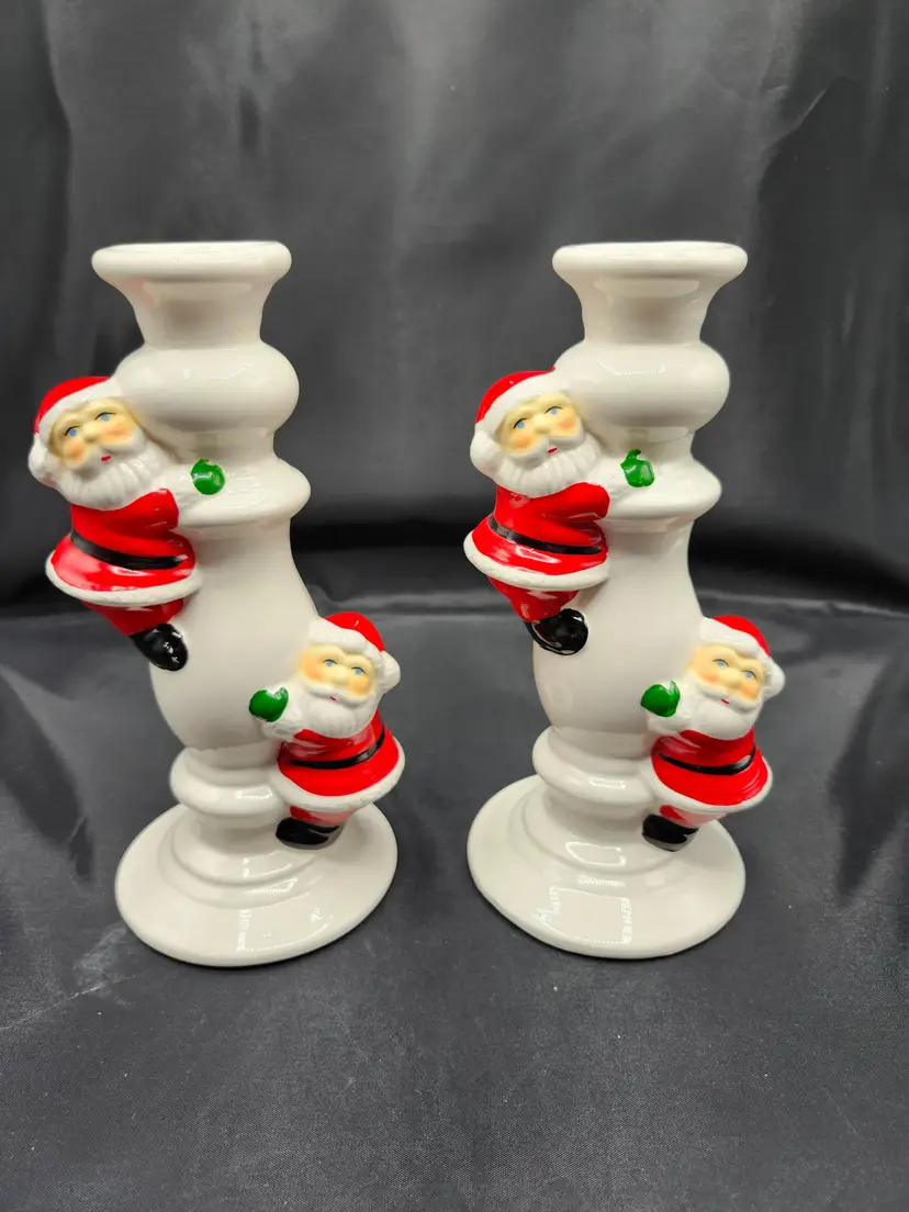 Vintage Ceramic White Candle Sticks w/Climbing Santas Set of 2 8 1/2" 1980s