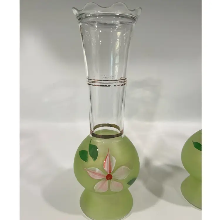 Pair of Pretty Bartlett Collins Frosted Green / Clear Glass- Hand Painted 9” Bud Vases- Flowers- Gold Trim Shows Wear