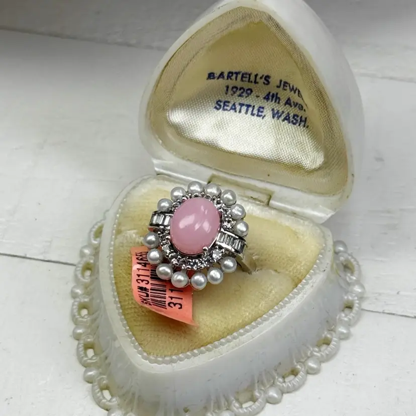 NWT Deco Style Sterling Pink Opal, White Topaz & Pearl Ring size 6 1/4