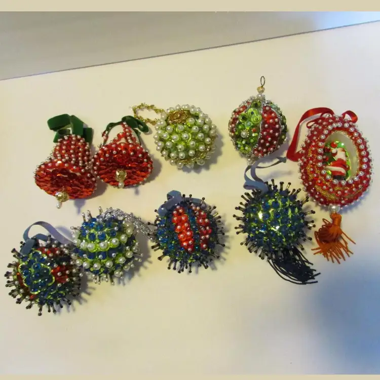 lot of vintage MCM 9 sequin bead pin colorful Christmas ornament