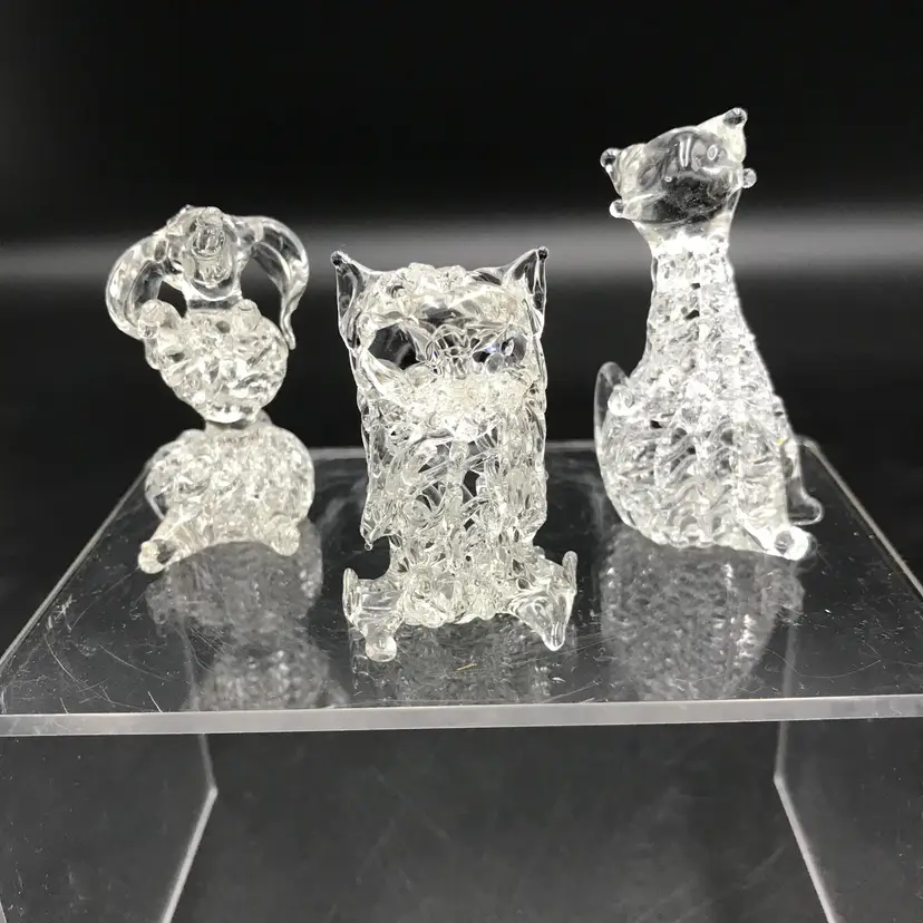 Vintage Spun Clear Glass Cat, Owl, and Dog Lot