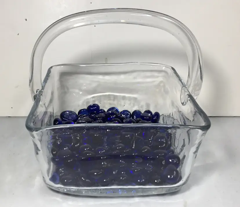 Hand blown glass basket, cobalt blue glass nuggets