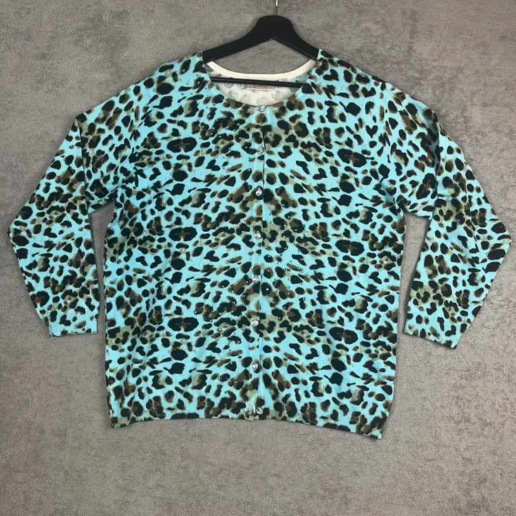 Quacker Factory Cardigan Womens PTP 22" Size L Blue Leopard Rhinestone Embellished Glam