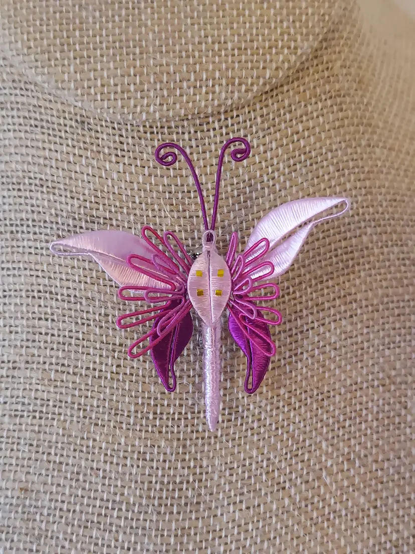 Handmade Wire And Thread Pinks And Purples Butterfly Brooch