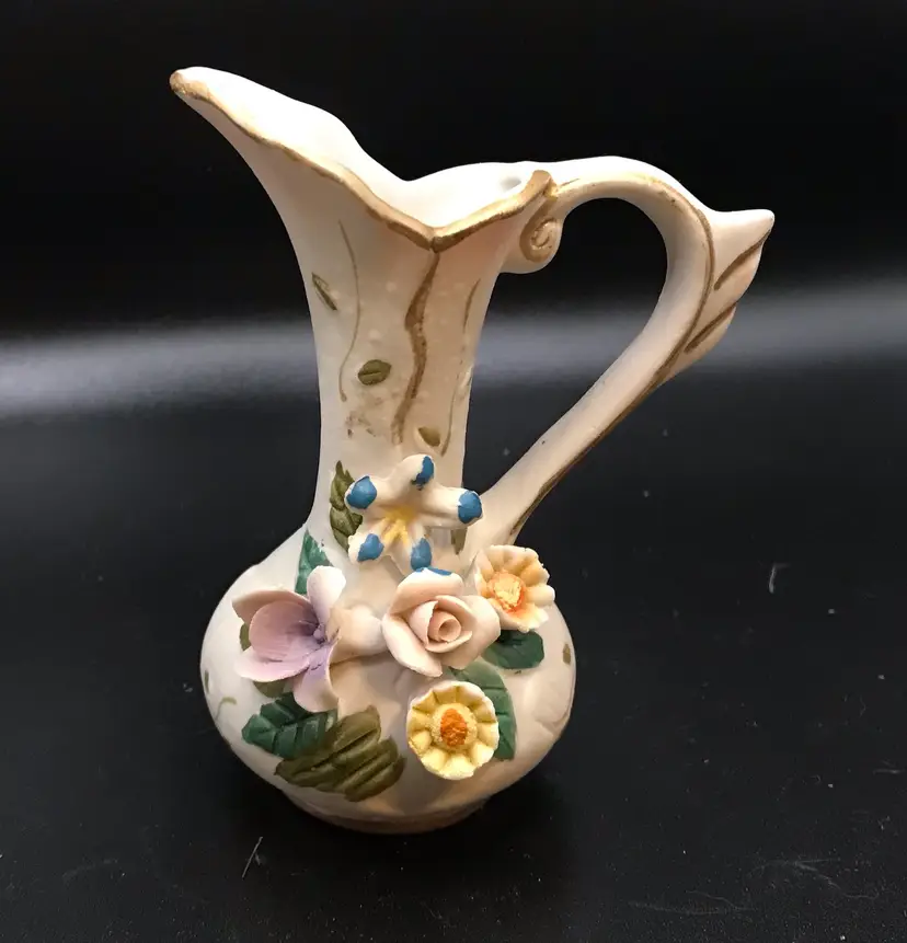 Vintage Miniature Pitcher/Vase W/ Applied Flowers-Taiwan- 4" Tall Hand Painted
