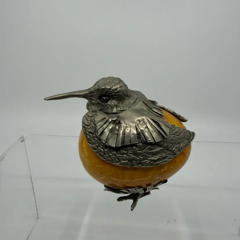 Vintage Alabaster Egg Made Into Bird Figurine Silver Plate Italy