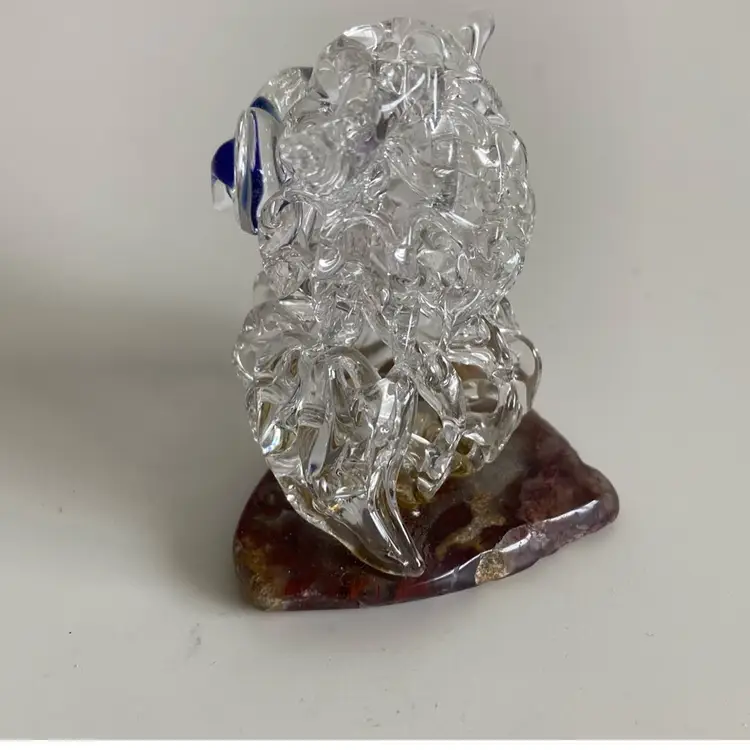 Vintage 1960’s Spun Glass Owl On Polished Agate From Santa Cruz CA Boardwalk