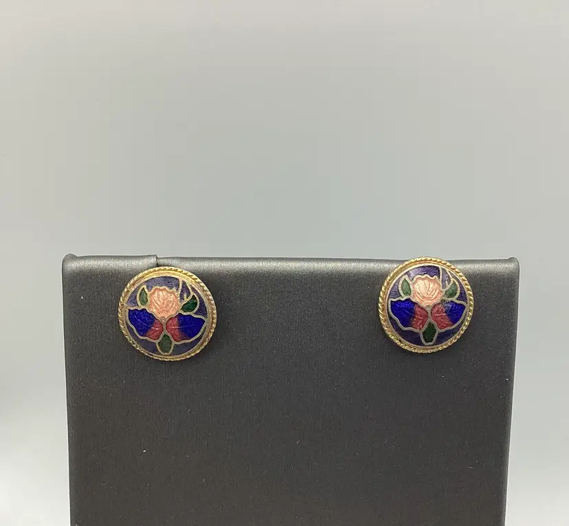 Vintage Cloisonne Round Enamel Post Earrings
