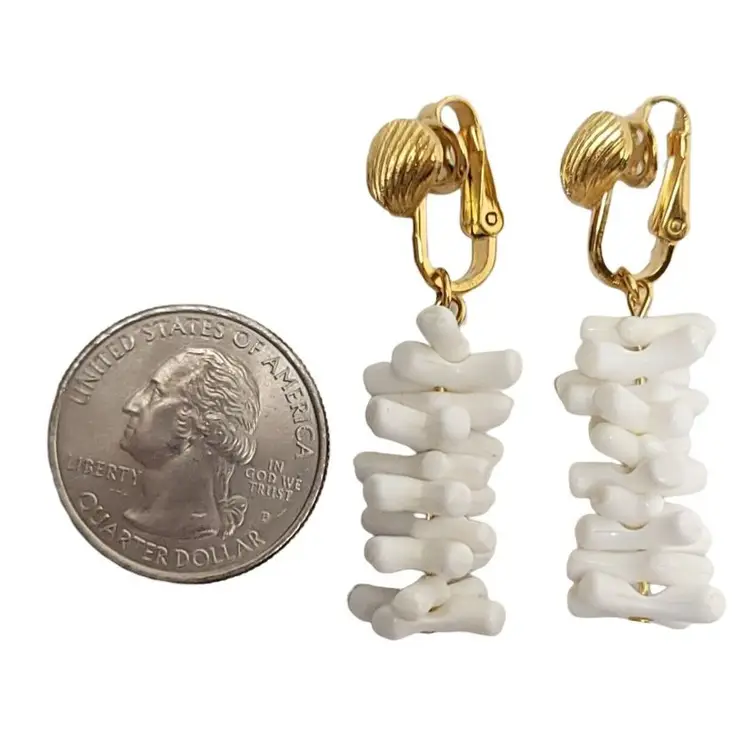 Trifari Crown Over T Gold Tone Dangle White Faux Coral Clip On Earrings, Signed