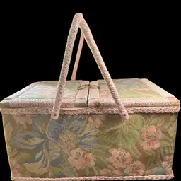 Pink Floral Tapestry Sewing Basket w/ Double Handles
