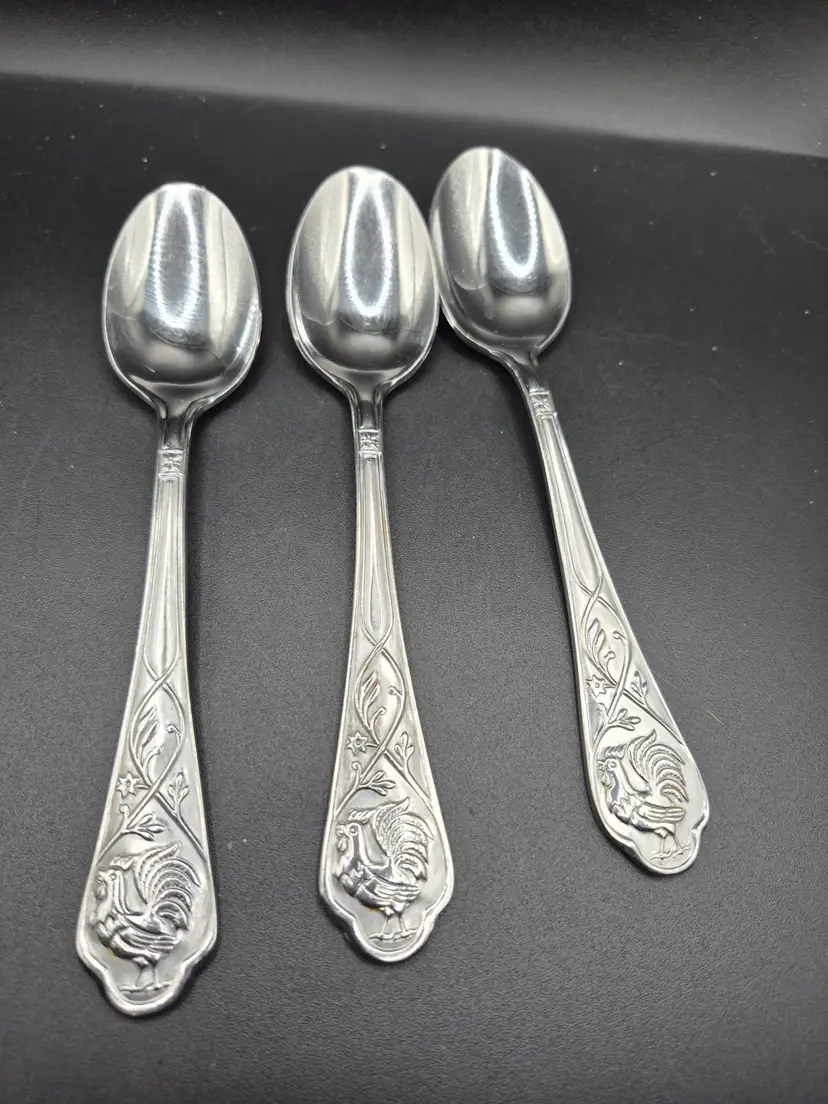 Vintage Cambridge Stainless Steel Teaspoons With Rooster Design Set Of 3