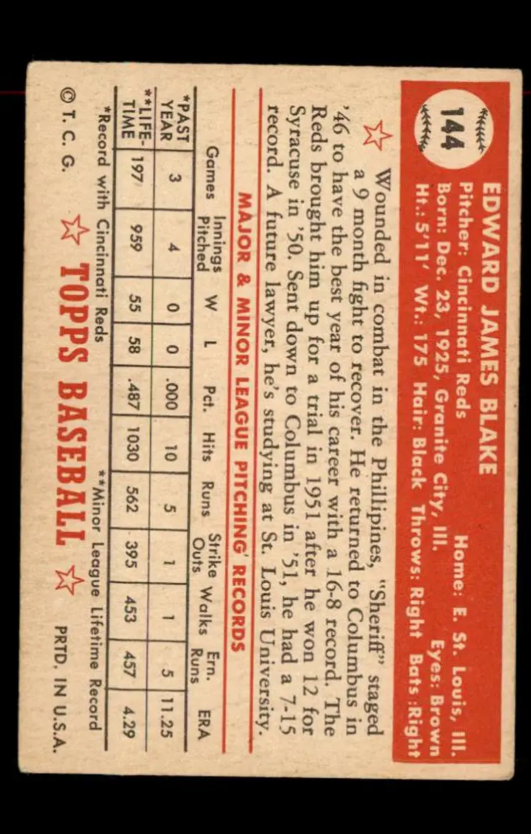 1952 Topps #144 Ed Blake - (pk-tl1) - Cincinnati Reds