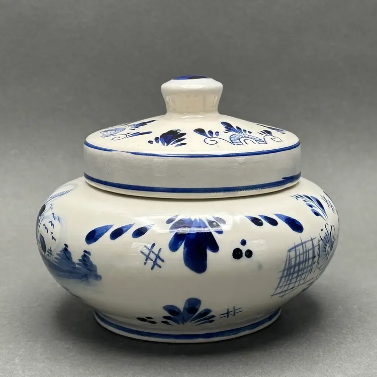 Vintage Hand Painted Delft Deco Blue and White Ceramic Lidded Jar with Windmill and Floral Design