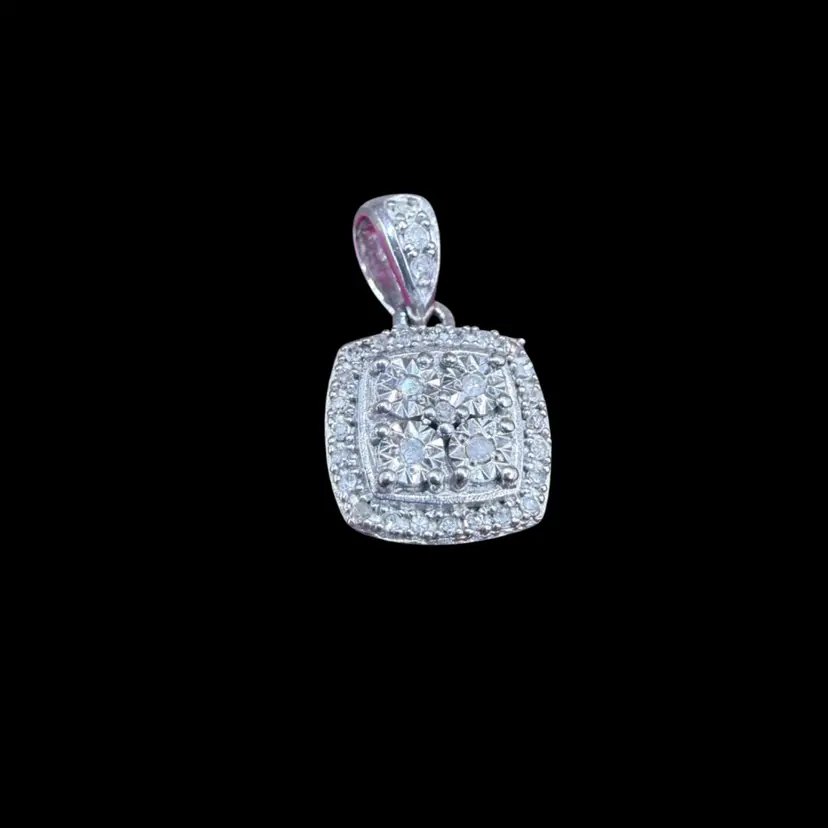 925 Sterling Silver SUN Real White Diamond Round Square Minimalist Pendant