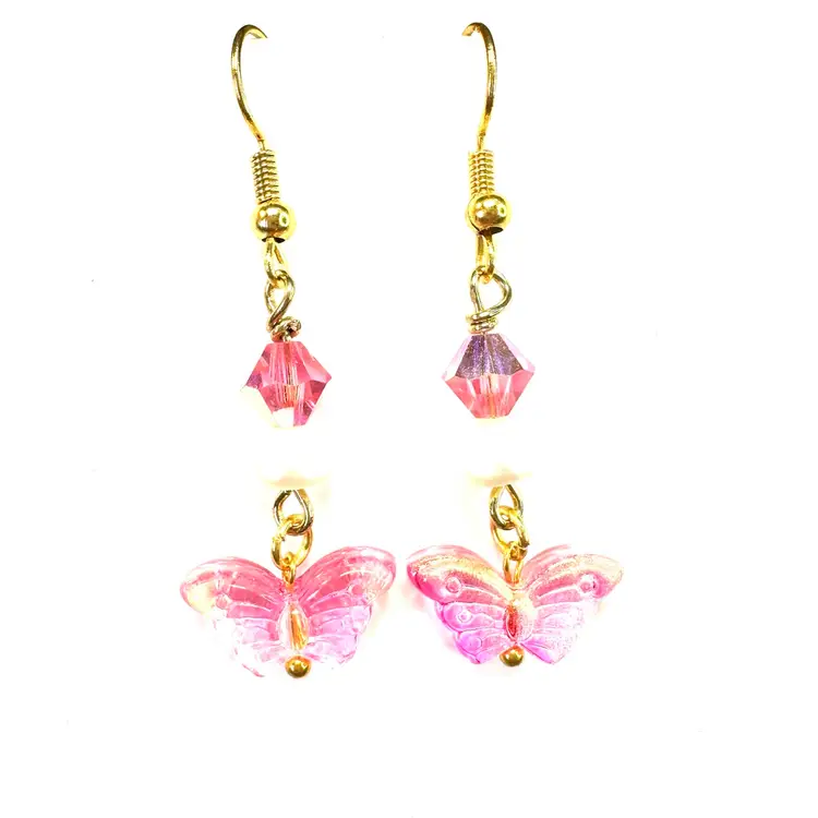Butterfly Pink Glass Charm Glass Accent Beads Gold Tone Handmade Dangle Earrings 1.75”L Made By Me