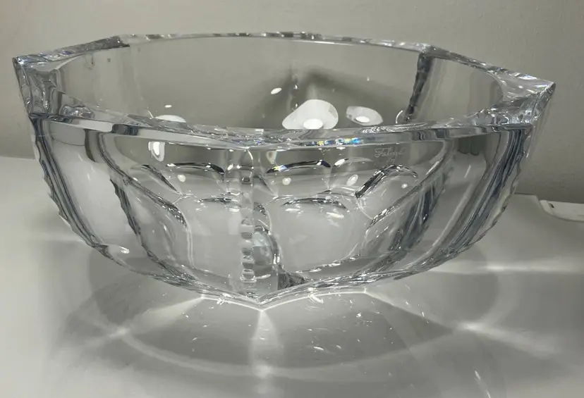 VTG Fabrege Crystal Octagenal Faceted Large Centerpiece Bowl Engraved 9"