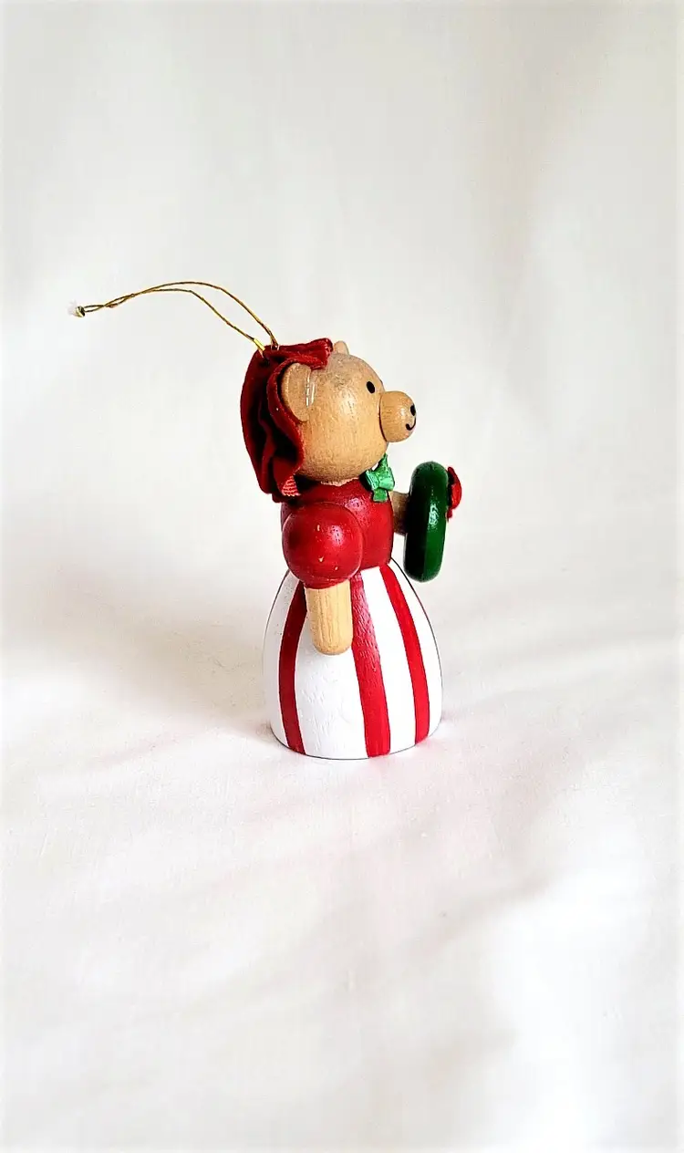 Wood Hand-Painted Bear with Wreath Christmas Tree Ornament