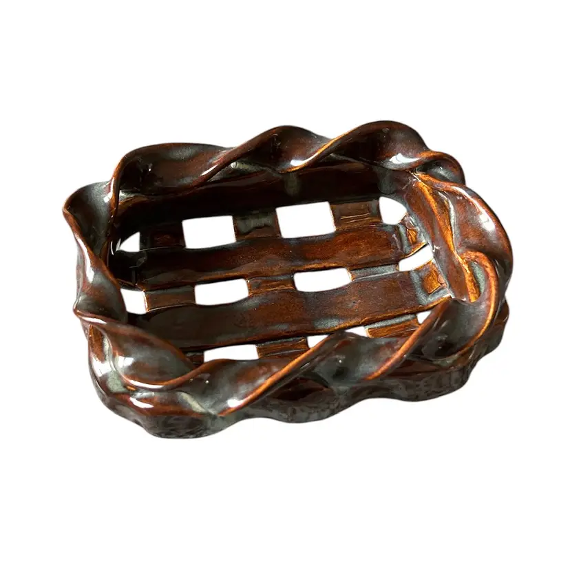 Signed Dark Brown and Gray Glazed Ceramic Woven Decorative Basket