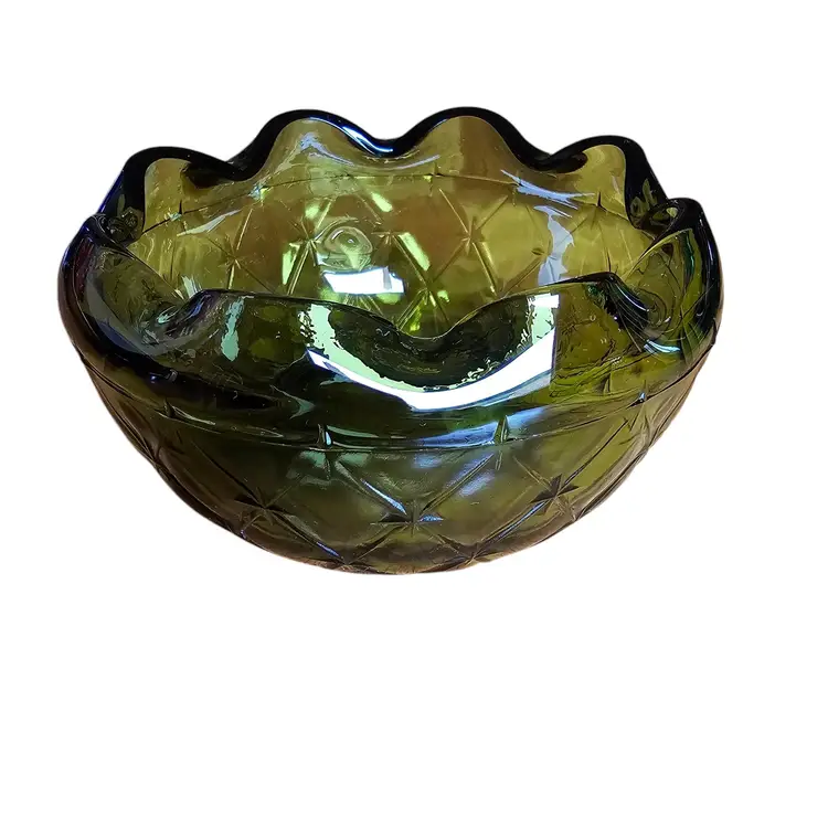 Vintage Indiana Glass MCM Green Duette Quilted Diamond Bowl SKU D3G099182.