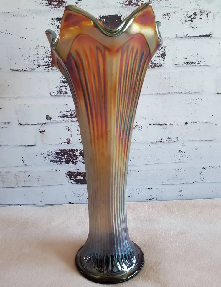 Fenton Fine Ribbed Carnival Glass Irridescent Swung Vase