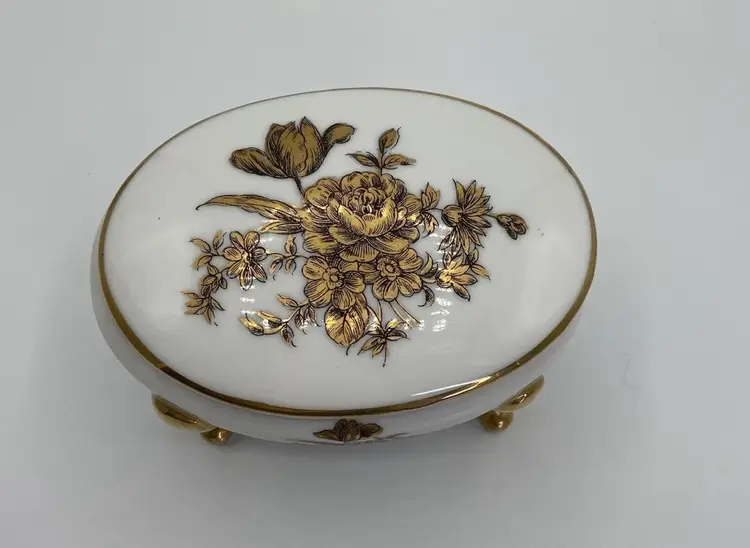 Vintage Trinket Dish With Lid Gold Footed Gold Transfer Flowers