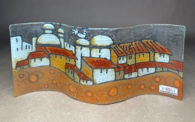 Fused Wavy Art Glass Signed Ecuadorean Village Church Bird Scene Table Decor