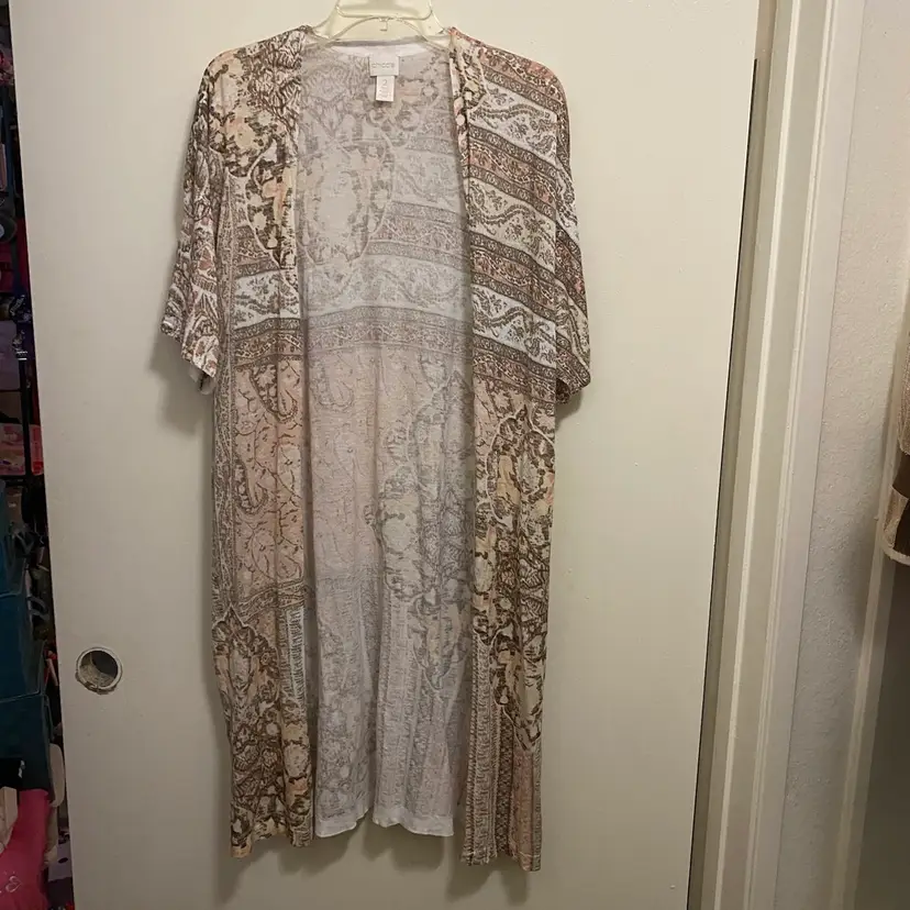 Chico’s Chicos Womens Long Leilani Blocks Motifs Cardigan Size 2 Beige Pink Boho