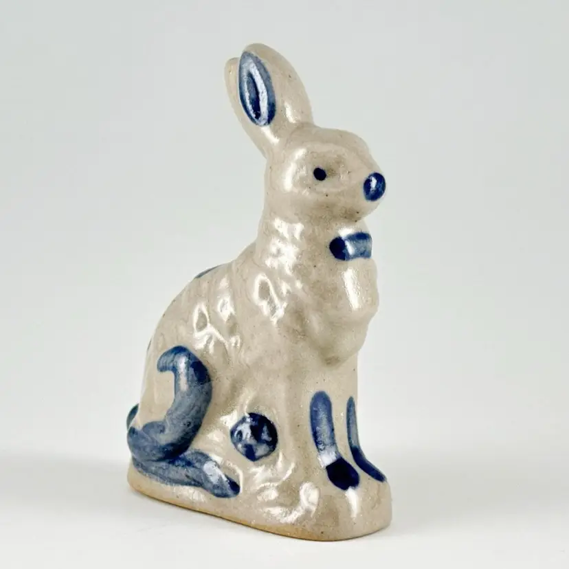 BBP Beaumont Brothers Pottery, Miniature Folk Art Rabbit Figurine, Hand-Painted Salt Glaze Stoneware
