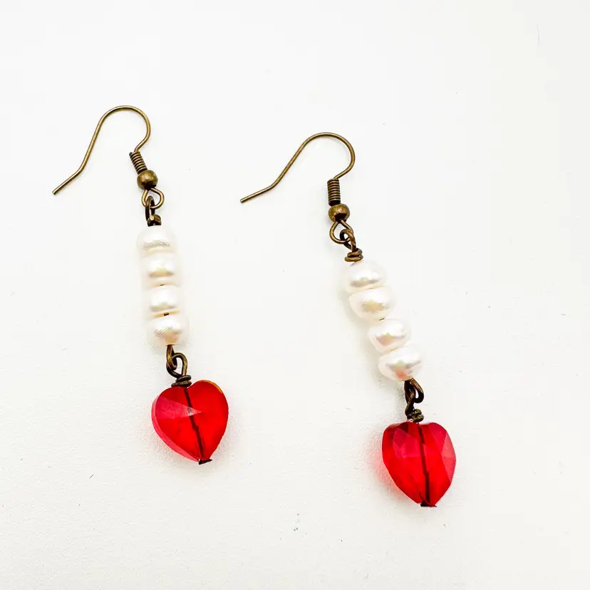 Valentine's Day Earrings Red Crystal Hearts with Pearl Accents Handmade