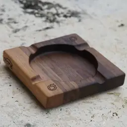 Handcrafted Walnut Cigar Ashtray engraved with Sacred Hearts of Jesus and Mary