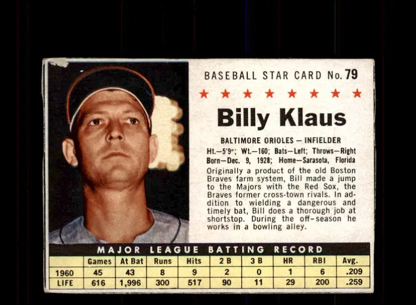 1961 Post Cereal (F278-33) #79 Billy Klaus - (pk3) - Baltimore Orioles