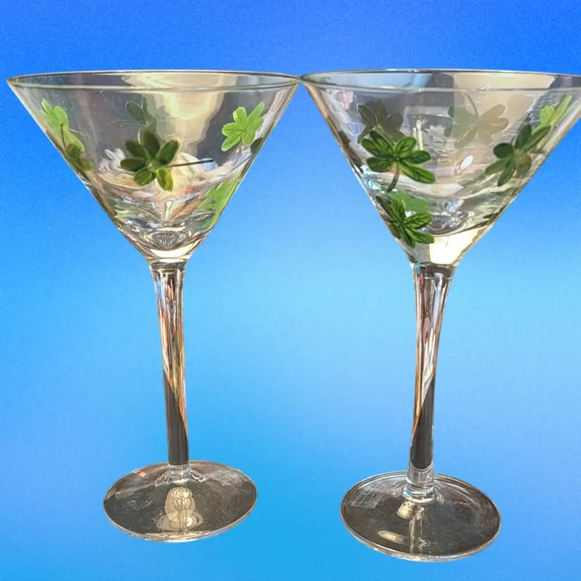 Pair Of Hand Painted Shamrock Martini Glasses