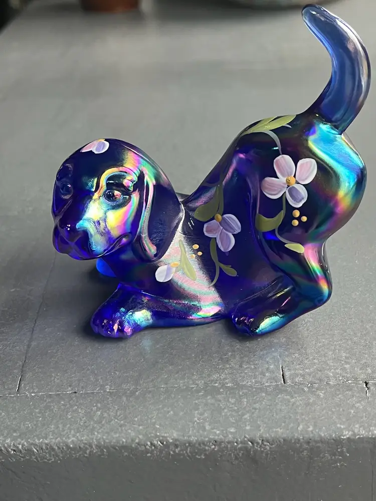 Fenton Cobalt Blue Glass Hand Painted Floral Dog Puppy Figure Excellent