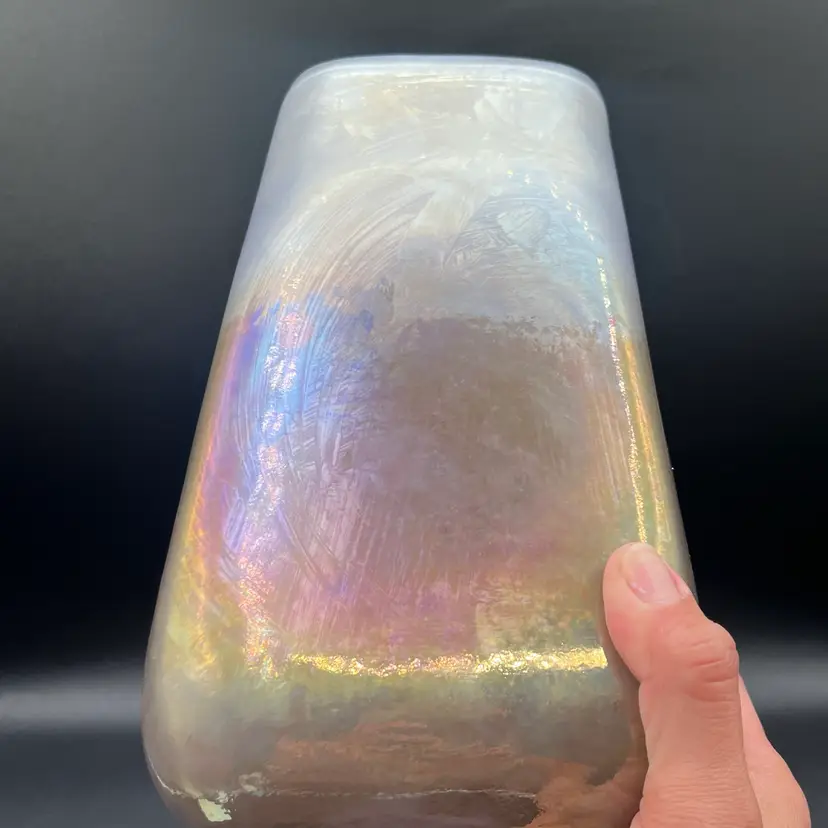 Favrile Lavender Iridescent Tall Rectangular Art Glass Vase 9.5”