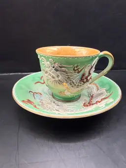 Green Dragonware Teacup 2.25” & Saucer 5” READ
