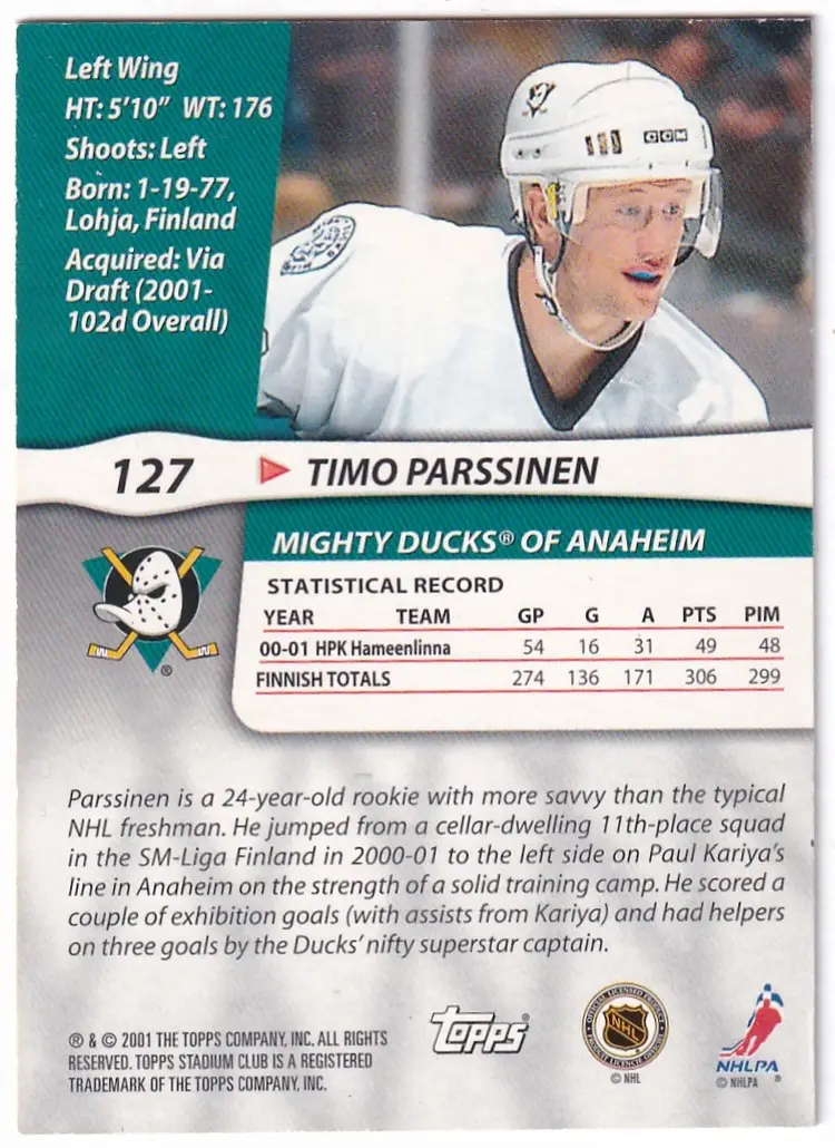 2001-02 Stadium Club #127 Timo Parssinen RC Anaheim Ducks Hockey Card