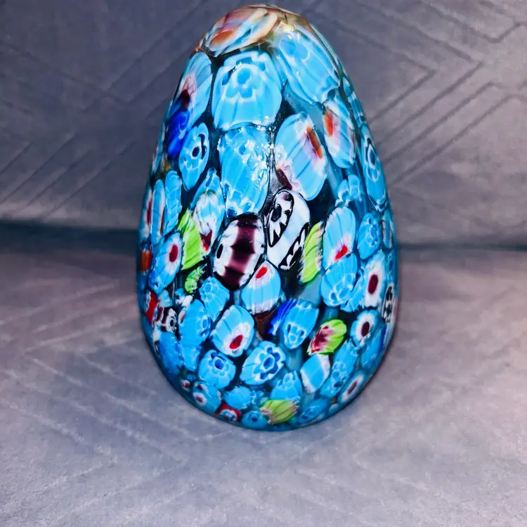 Mosaic Art Glass Hand Blown Egg 6”  Paper Weight Blue/Multicolor