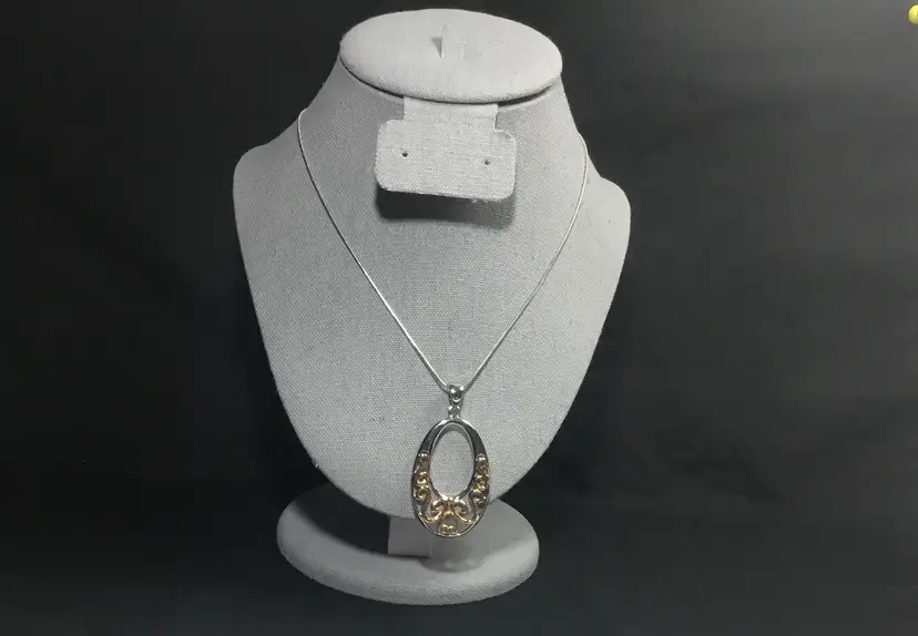 Necklace, 18" silver plated chain, Lia Sophia open work pendant gold tone accents