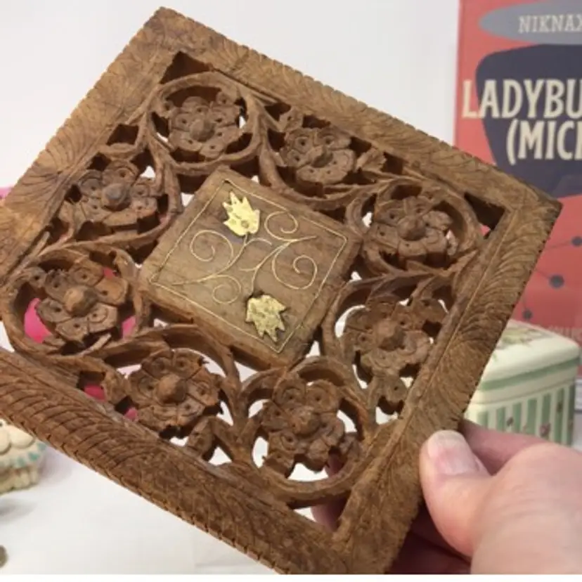 Carved Wooden Kitchen Trivet with Inlaid Brass