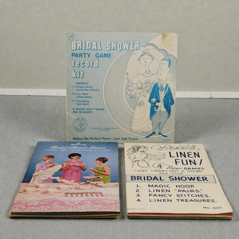 Vtg Bridal Wedding Shower Games Lot Of 3 Record Kit, Hallmark, Linen Fun 1960s