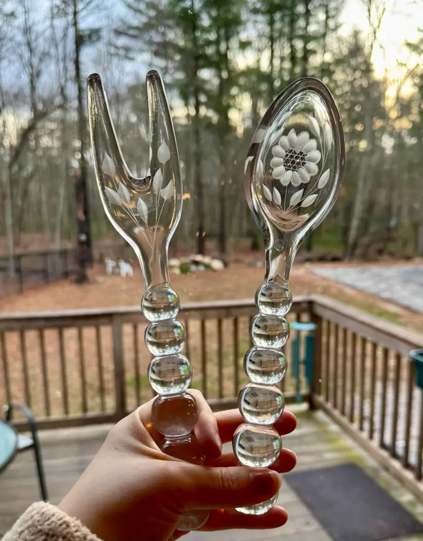 Etched Bubble Glass Salad Servers